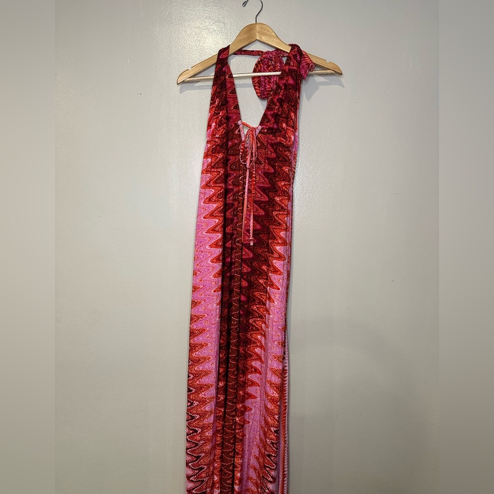 Veronica M Pink Red Multicolor Patterned Halter Maxi Dress